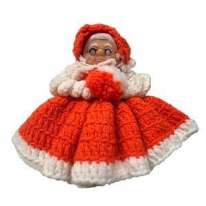 Vintage 7" Crochet Mrs Claus Grandma Cover Decor Doll Orange‎ White Handmade